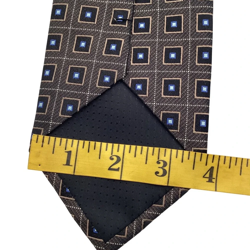 Siena Collezione Mens Silk‎ Necktie Brown Blue Geometric Square Hand Made Tie